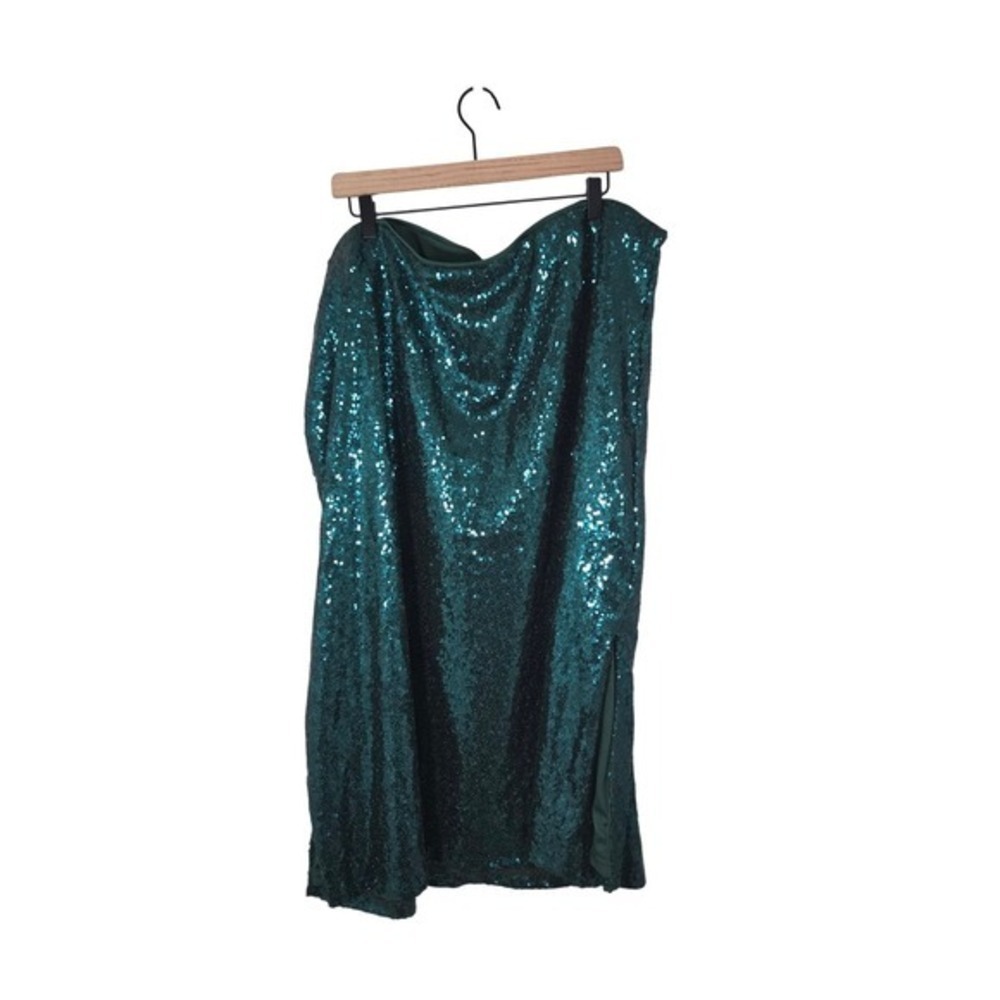 ELOQUII Sequin Midi Skirt 28 Emerald Teal Green Elastic Waist Side Slit Party - Picture 3 of 7